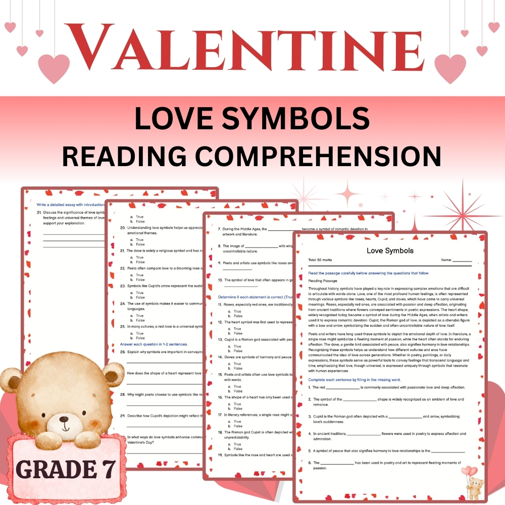 Grade 7 Seasonal Love Symbols Worksheet – Valentine (PDF) | Holiday Standards