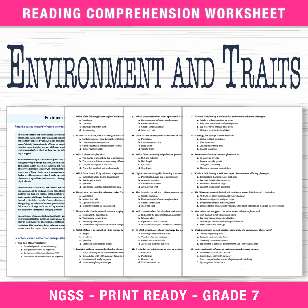 Grade 7 Science worksheet worksheet — Grade 7 Science | Environment and Traits Worksheet (PDF + Answer Key) — page 1