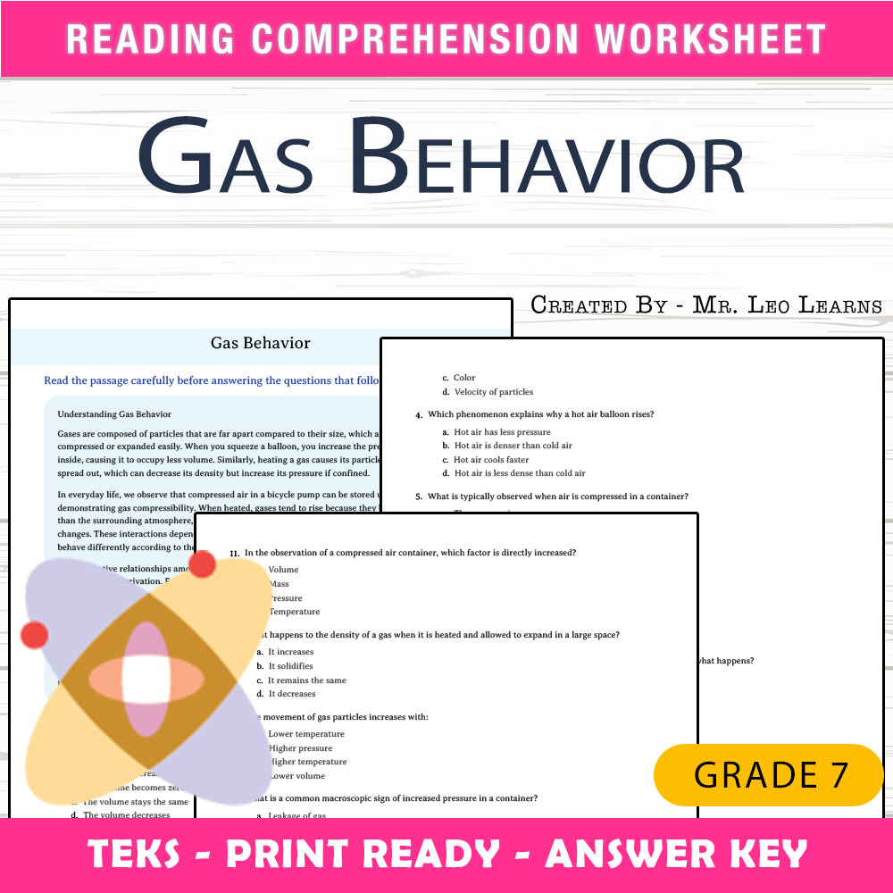 Grade 7 Science worksheet worksheet — Grade 7 Science – Gas Behavior Worksheet for Mastery — page 1
