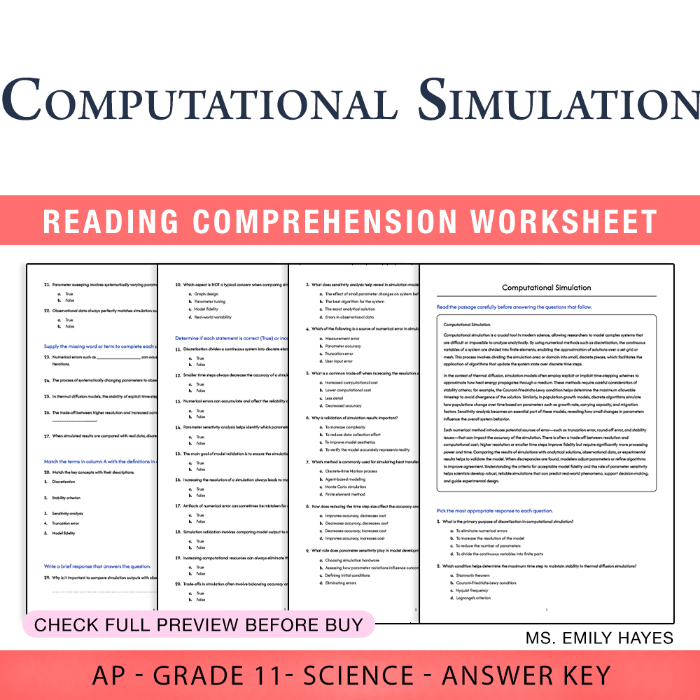 Grade 11 Science worksheet assessment worksheet — 11th Grade Science | Computational Simulation Worksheet (PDF+ Answer Key…