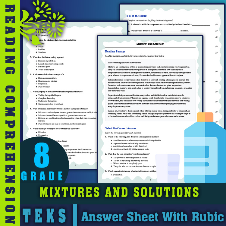 Grade 8 Science reading worksheets worksheet — 8th Grade Science | Mixtures and Solutions Reading Worksheet (PDF + Answer…