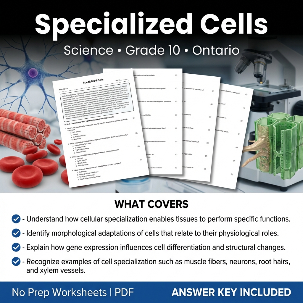 Specialized Cells Science Worksheet for Grade 10 | Ontario Standards