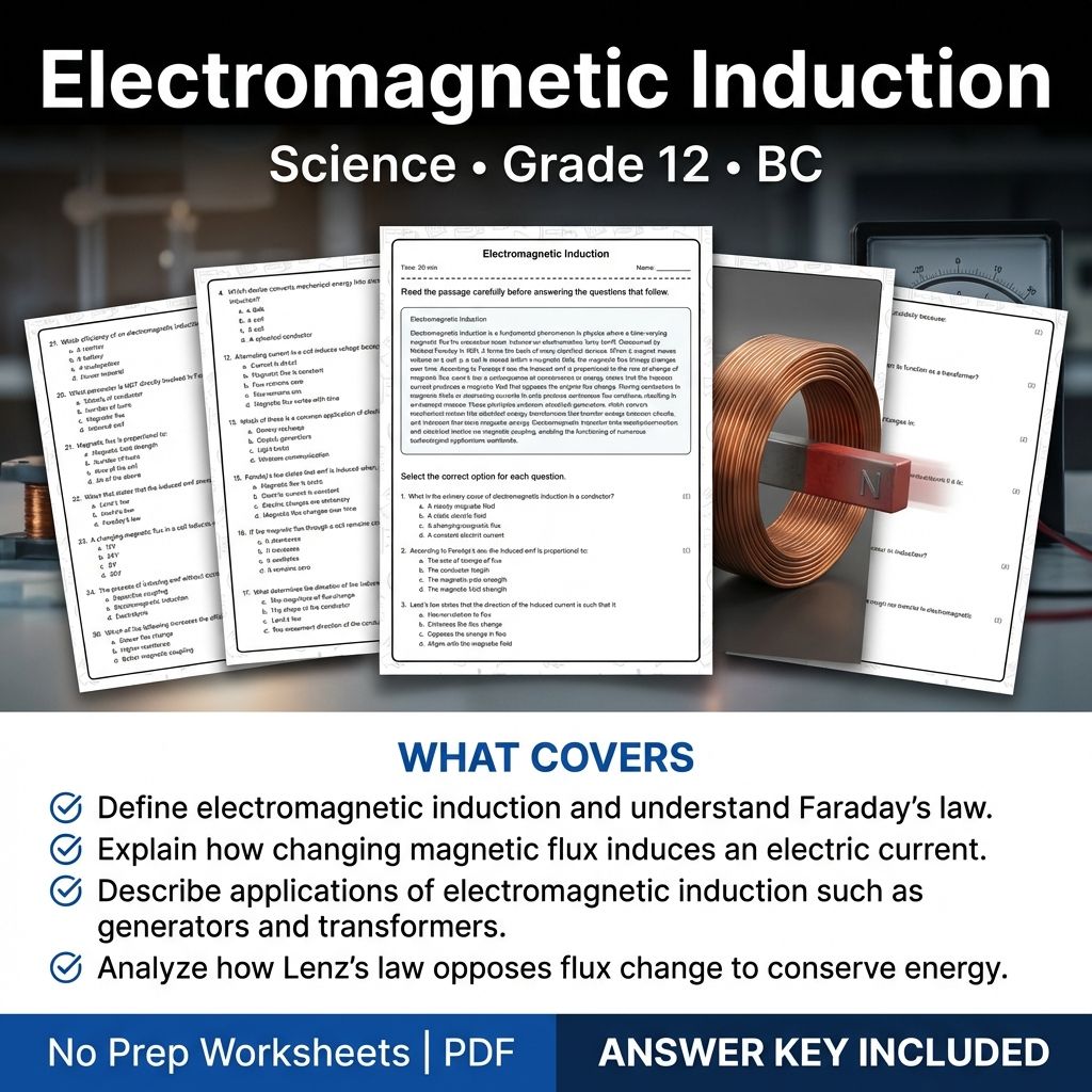 Electromagnetic Induction Grade 12 Science Worksheet with Answer Key