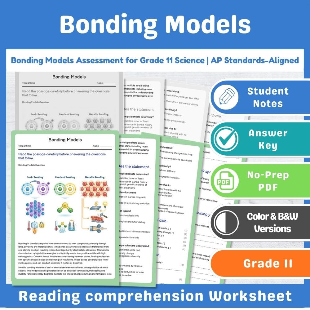 Grade 11 Science assessment worksheet — Bonding Models Assessment for Grade 11 Science | AP Standards-Aligned — page 1