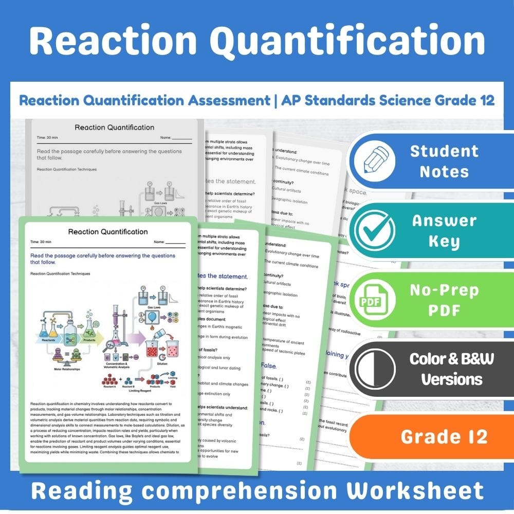 Grade 12 Science assessment worksheet — Reaction Quantification Assessment | AP Standards Science Grade 12 — page 1