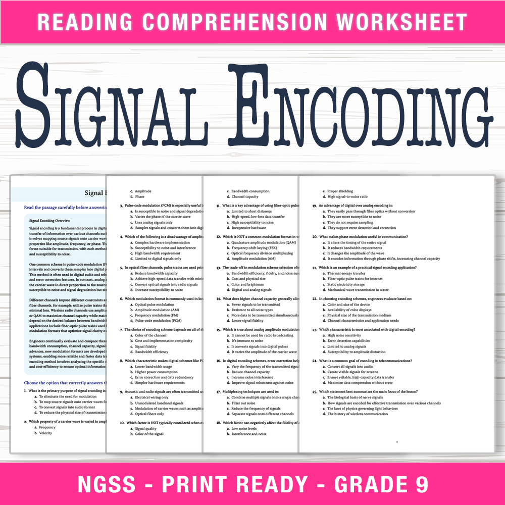 Grade 9 Science worksheet worksheet — Grade 9 Science | Signal Encoding Worksheet (PDF + Answer Key) — page 1
