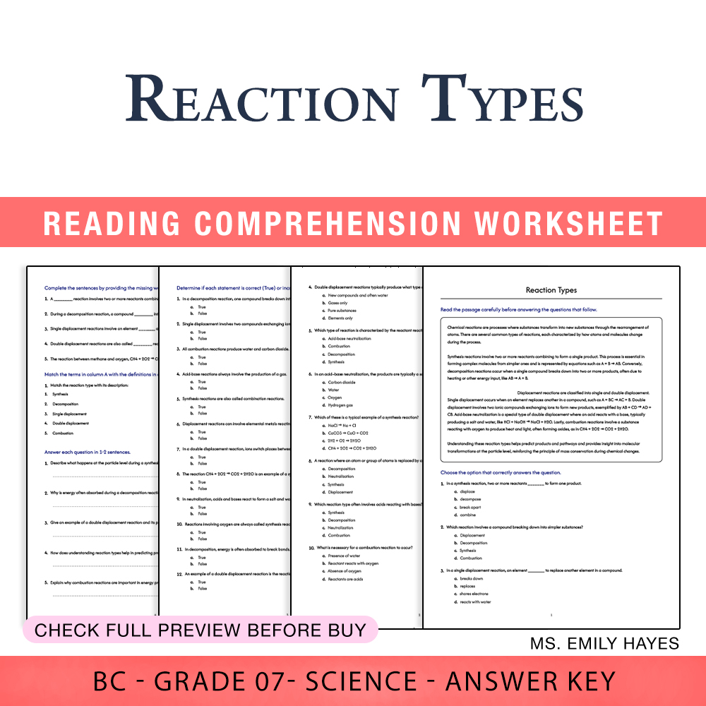 Grade 7 Science worksheet worksheet — 7th Grade Science | Reaction Types Worksheet (PDF+ Answer Key) — page 1