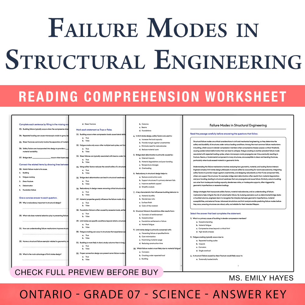Grade 7 Science worksheet worksheet — 7th Grade Science | Failure Modes in Structural Engineering (PDF+ Answer Key) — page 1