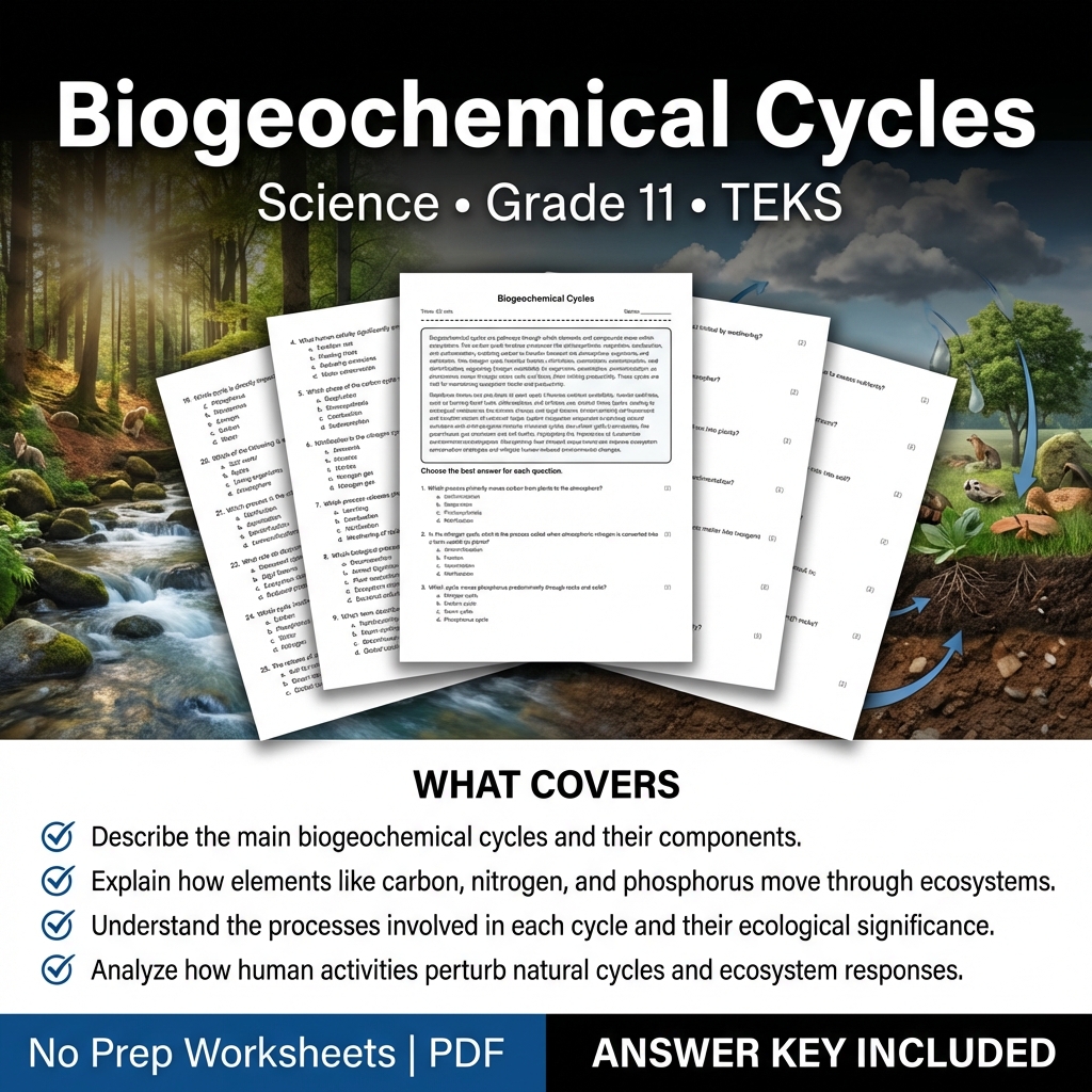 Grade 11 Science worksheet — Biogeochemical Cycles Worksheet for Grade 11 Science | TEKS Standards