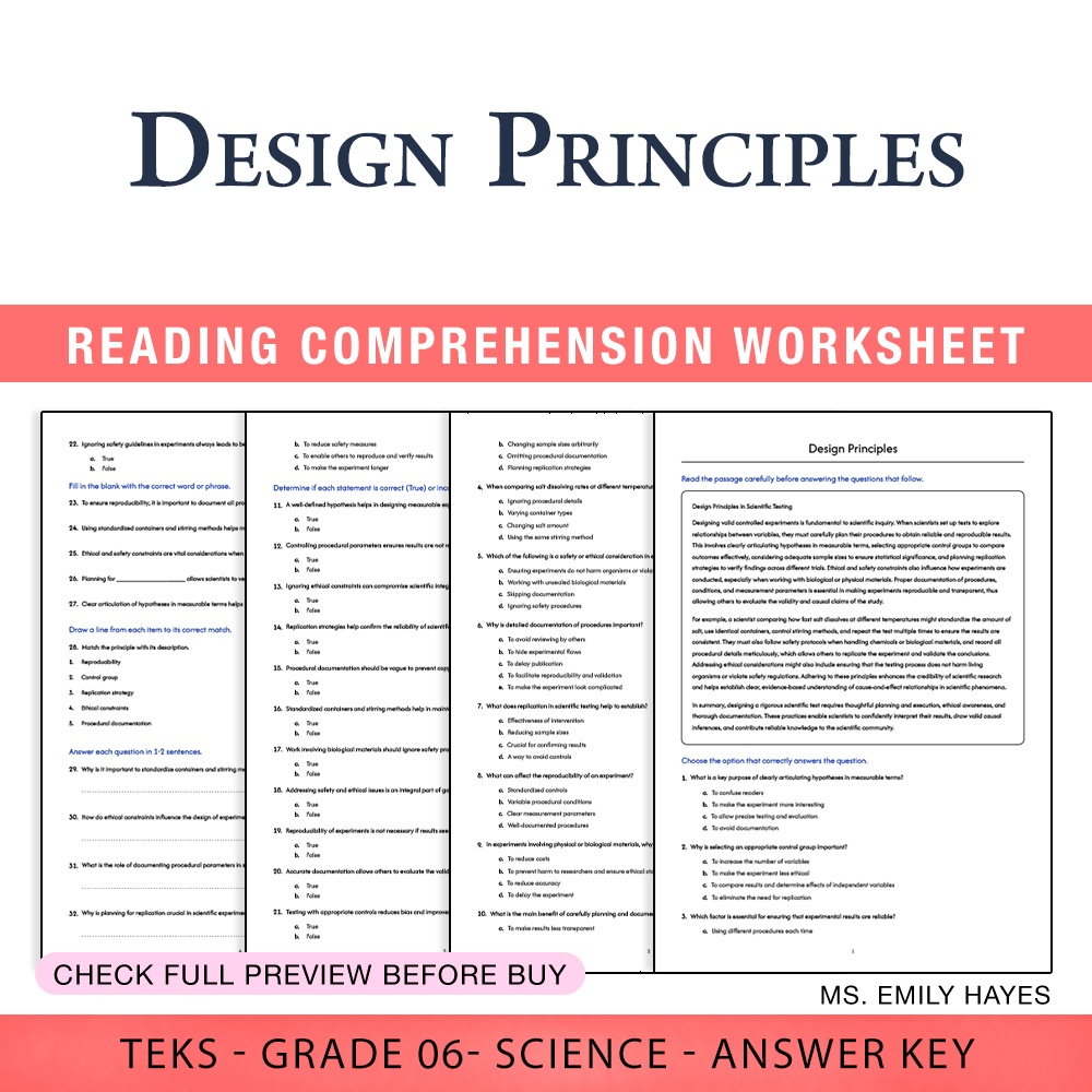 Grade 6 Science worksheet worksheet — 6th Grade Science | Design Principles Worksheet (PDF+ Answer Key) — page 1