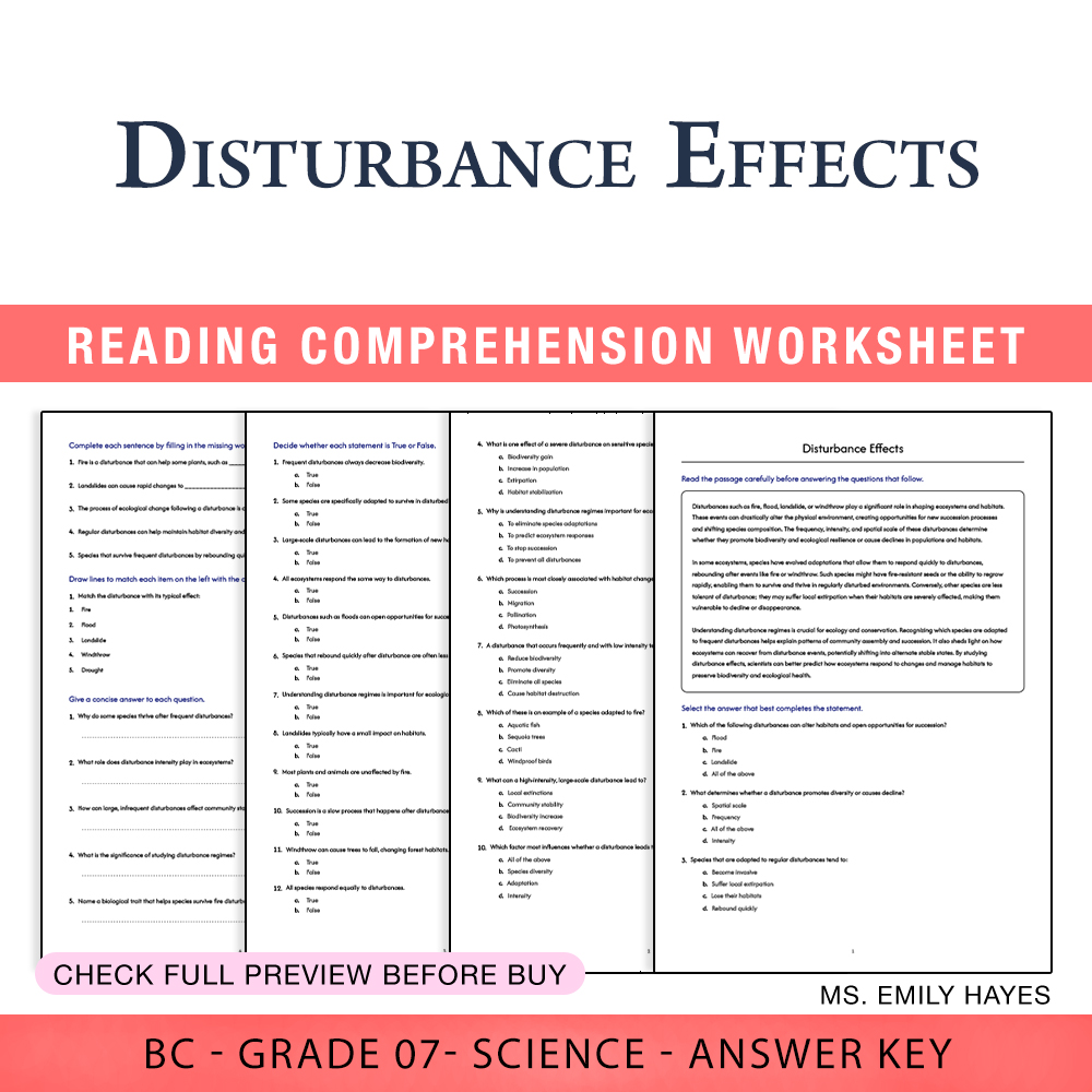 Grade 7 Science worksheet worksheet — Grade 7 Science | Disturbance Effects Worksheet (PDF+ Answer Key) — page 1