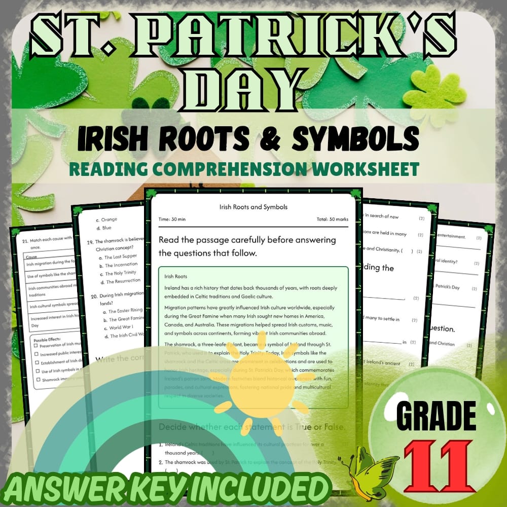 Grade 11 Holiday Activities Bundle | St. Patrick's Day Irish Heritage & Culture — included worksheet 2