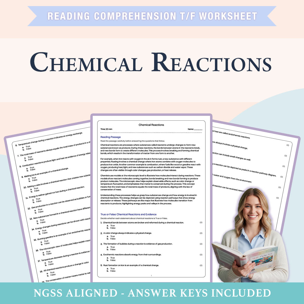 Science reading comprehensions true or false worksheet worksheet — 7th Grade Science | Chemical Reactions Worksheet (PDF +…