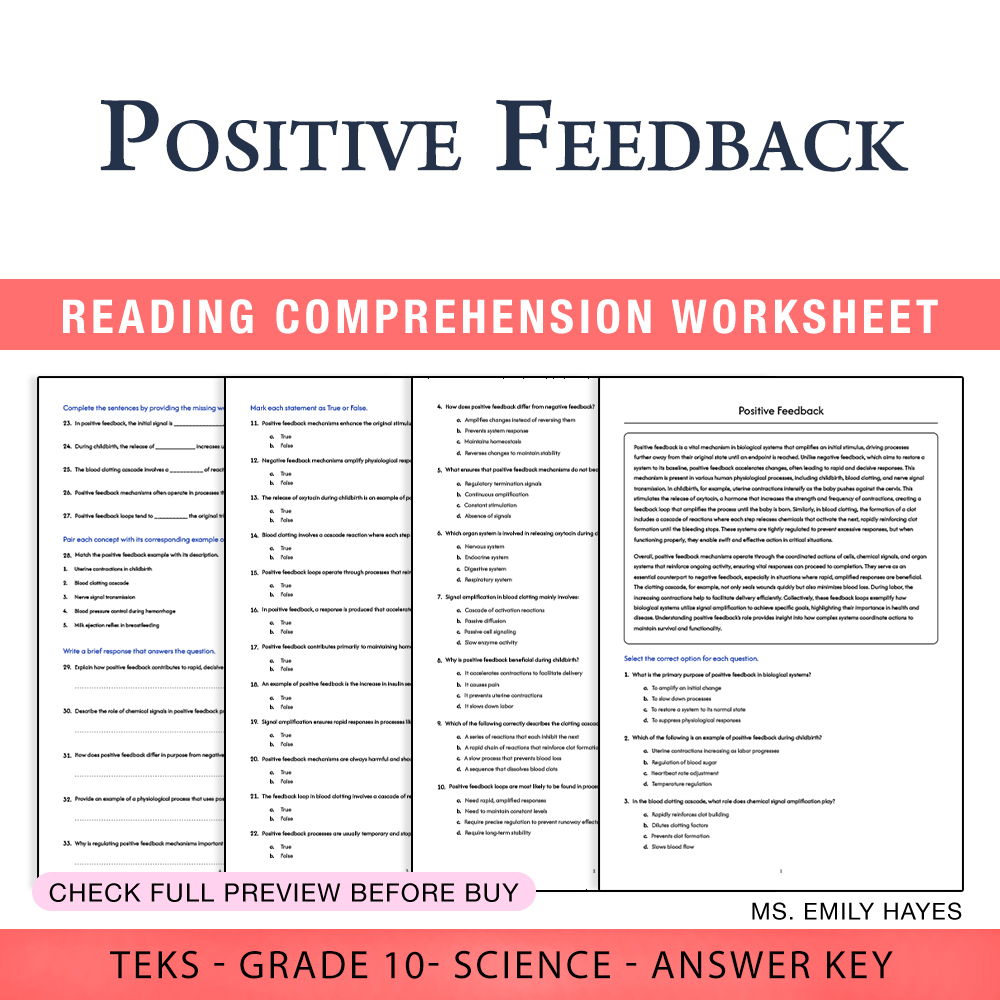 Grade 10 Science worksheet worksheet — Grade 10 Science | Positive Feedback Worksheet (PDF+ Answer Key) — page 1