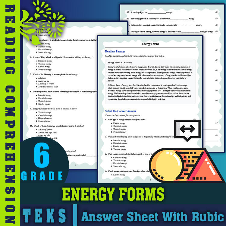 Grade 6 Science reading worksheets worksheet — 6th Grade Science | Energy Forms Reading Worksheet (PDF + Answer Key) — page 1