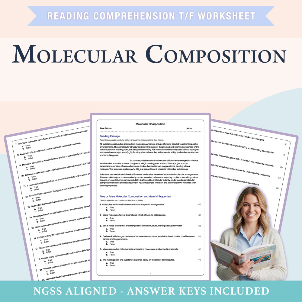 Science reading comprehensions true or false worksheet worksheet — 6th Grade Science | Molecular Composition True/False Wo…