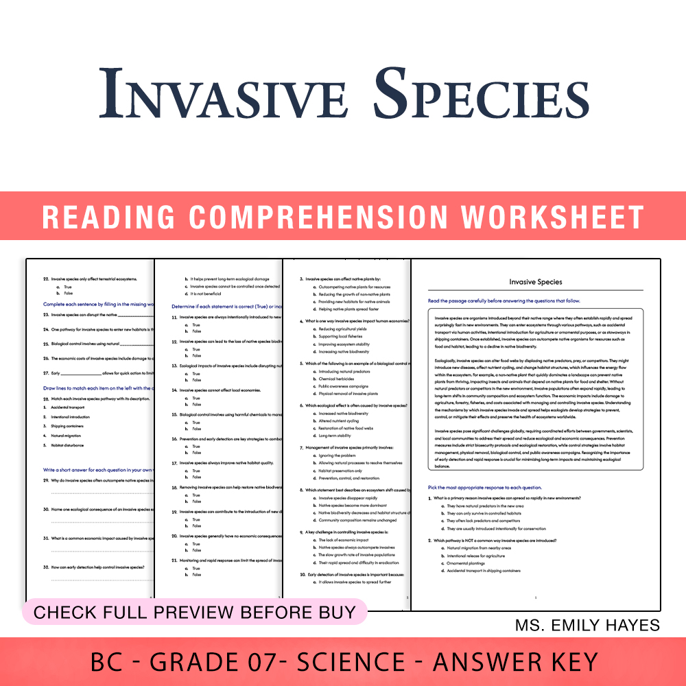 Grade 7 Science worksheet worksheet — 7th Grade Science | Invasive Species Worksheet (PDF + Answer Key) — page 1