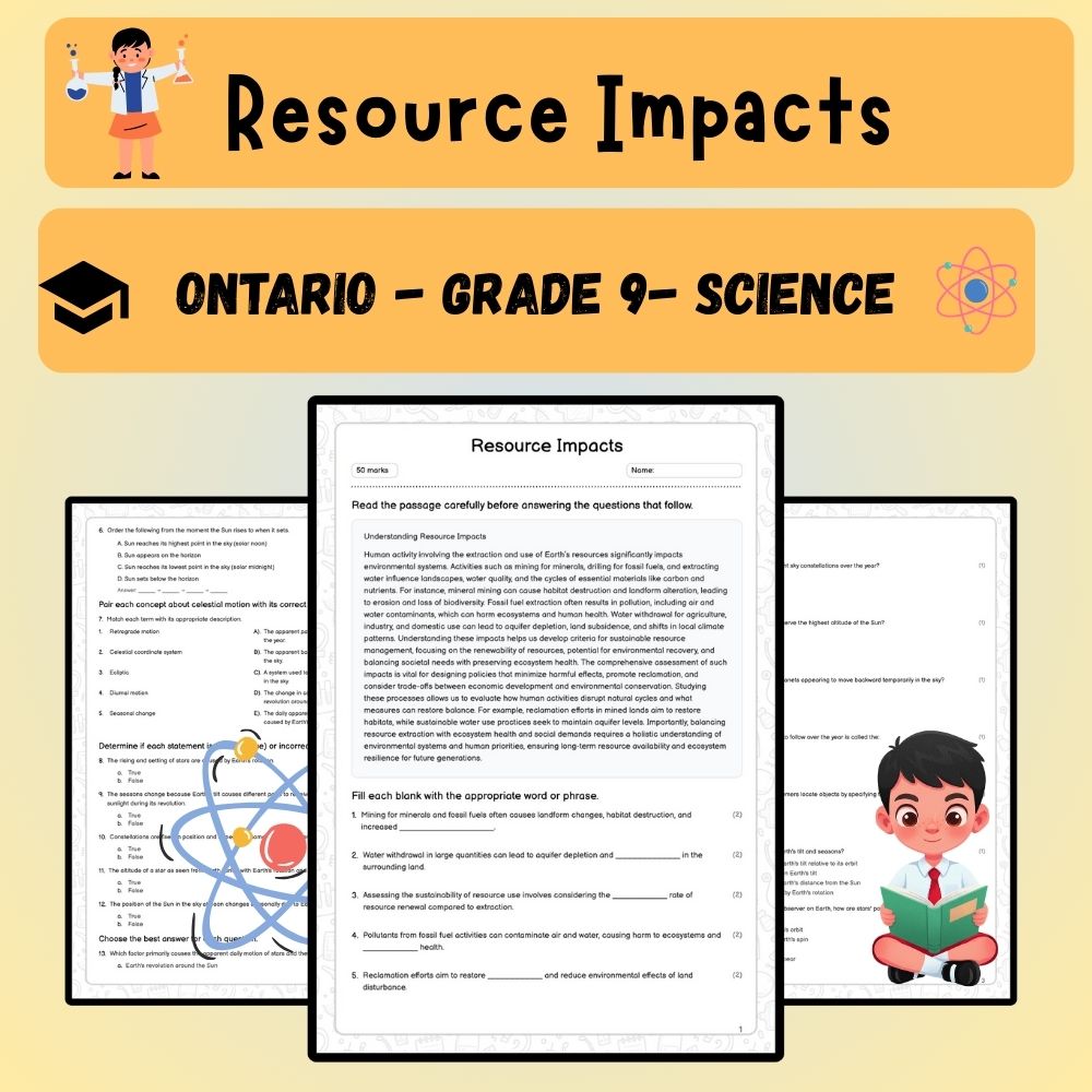 Grade 9 Science worksheet worksheet — Grade 9 Science Resource Impacts Worksheet – Ontario Standards (PDF) — page 1