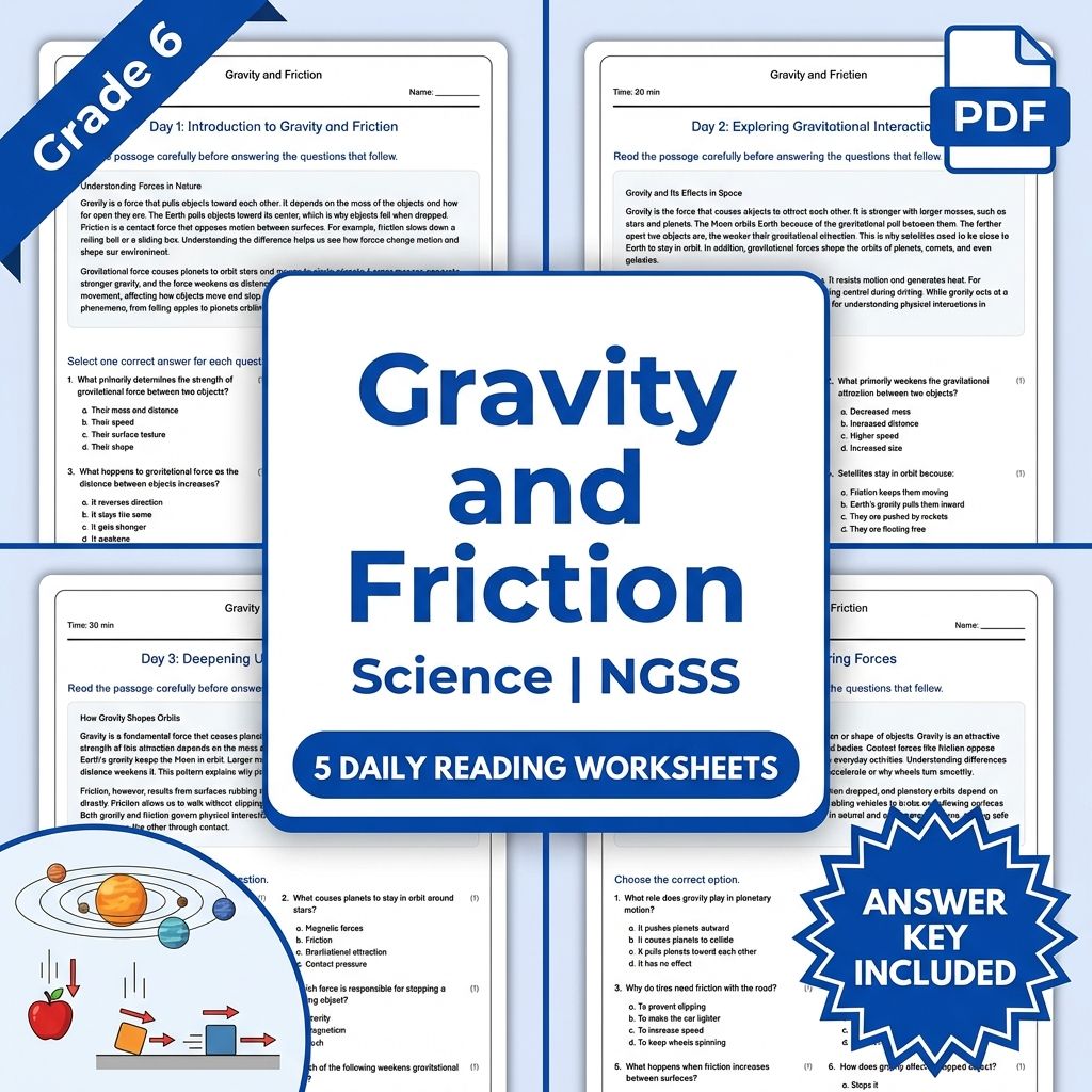 Grade 6 Science daily reading worksheet — 6th Grade Science | Gravity and Friction Worksheet (PDF+ Answer Key)