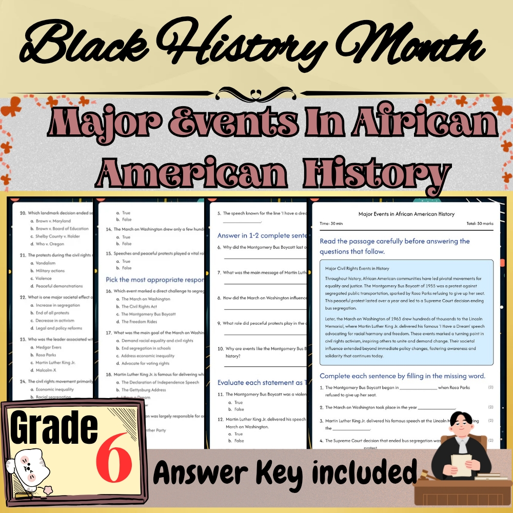 Grade 6  Major Events in African American History Worksheet| PDF + Answer Key
