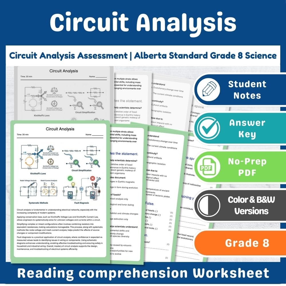 Grade 8 Science assessment worksheet — Circuit Analysis Assessment | Alberta Standard Grade 8 Science — page 1