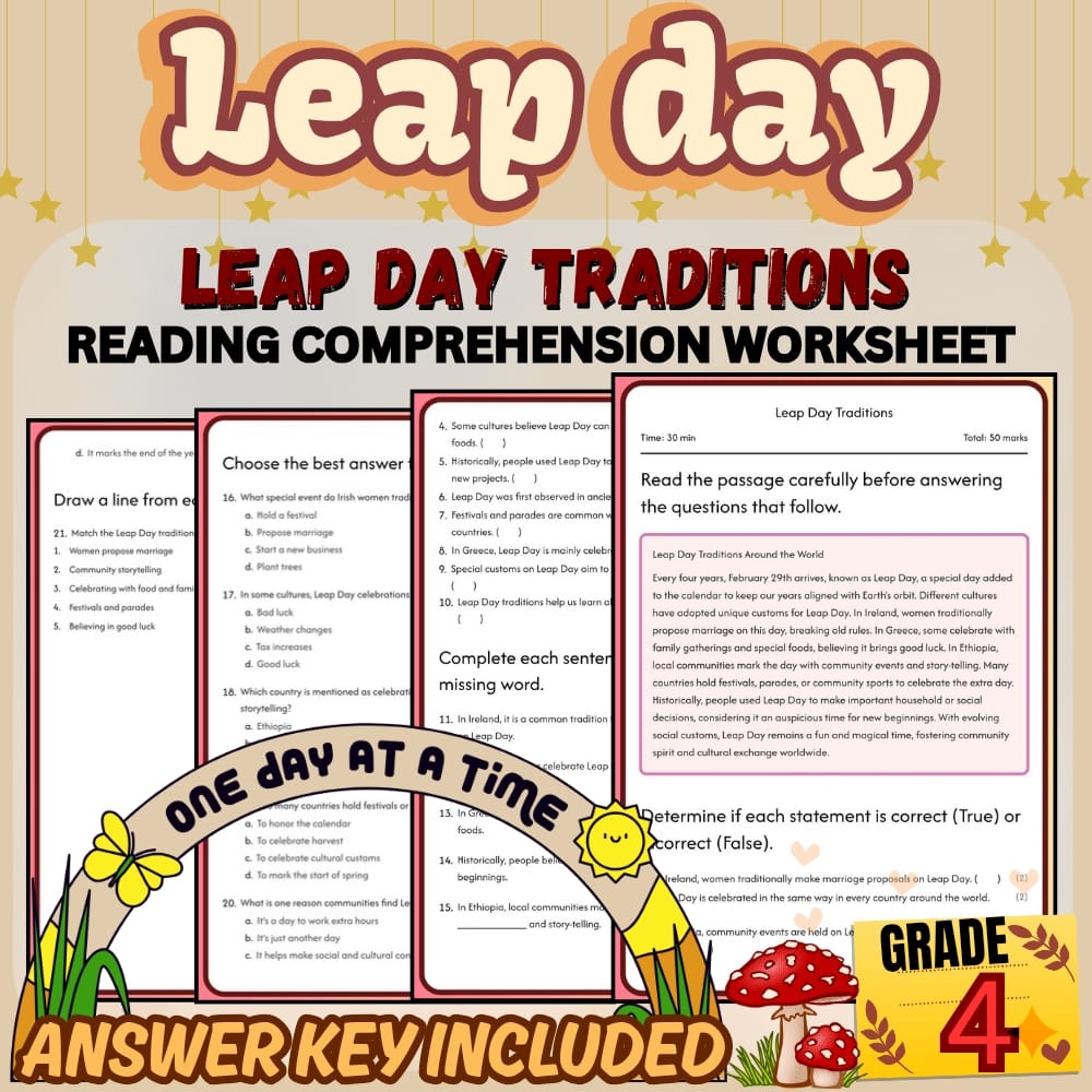 Grade 4 Holiday Leap Day Worksheet Bundle | February Calendar & History — included worksheet 1