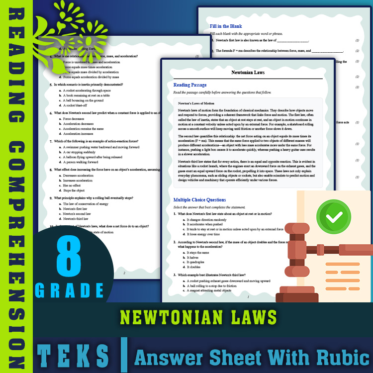 Grade 8 Science reading worksheets worksheet — 8th Grade Science | Newtonian Laws Reading Worksheet (PDF + Answer Key) — p…