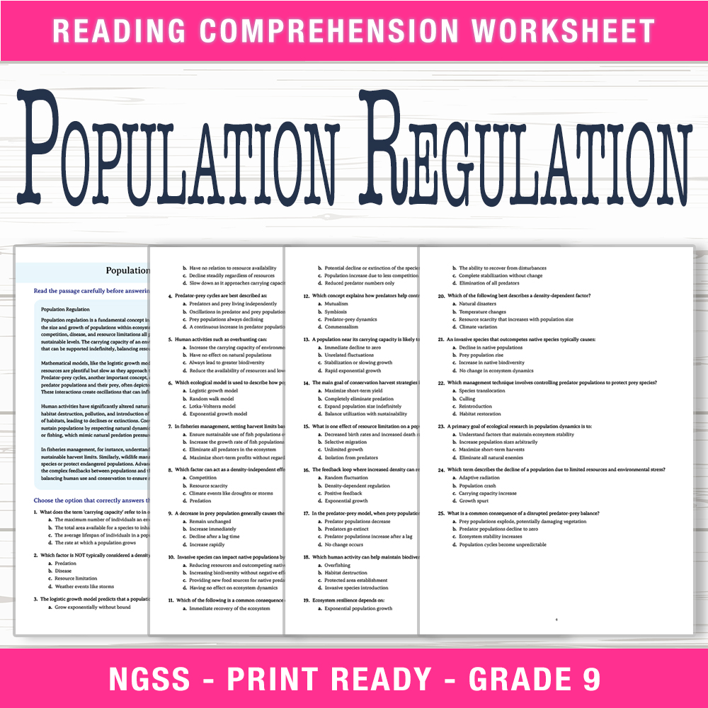 Grade 9 Science worksheet worksheet — Grade 9 Science | Population Regulation Worksheet (PDF + Answer Key) — page 1