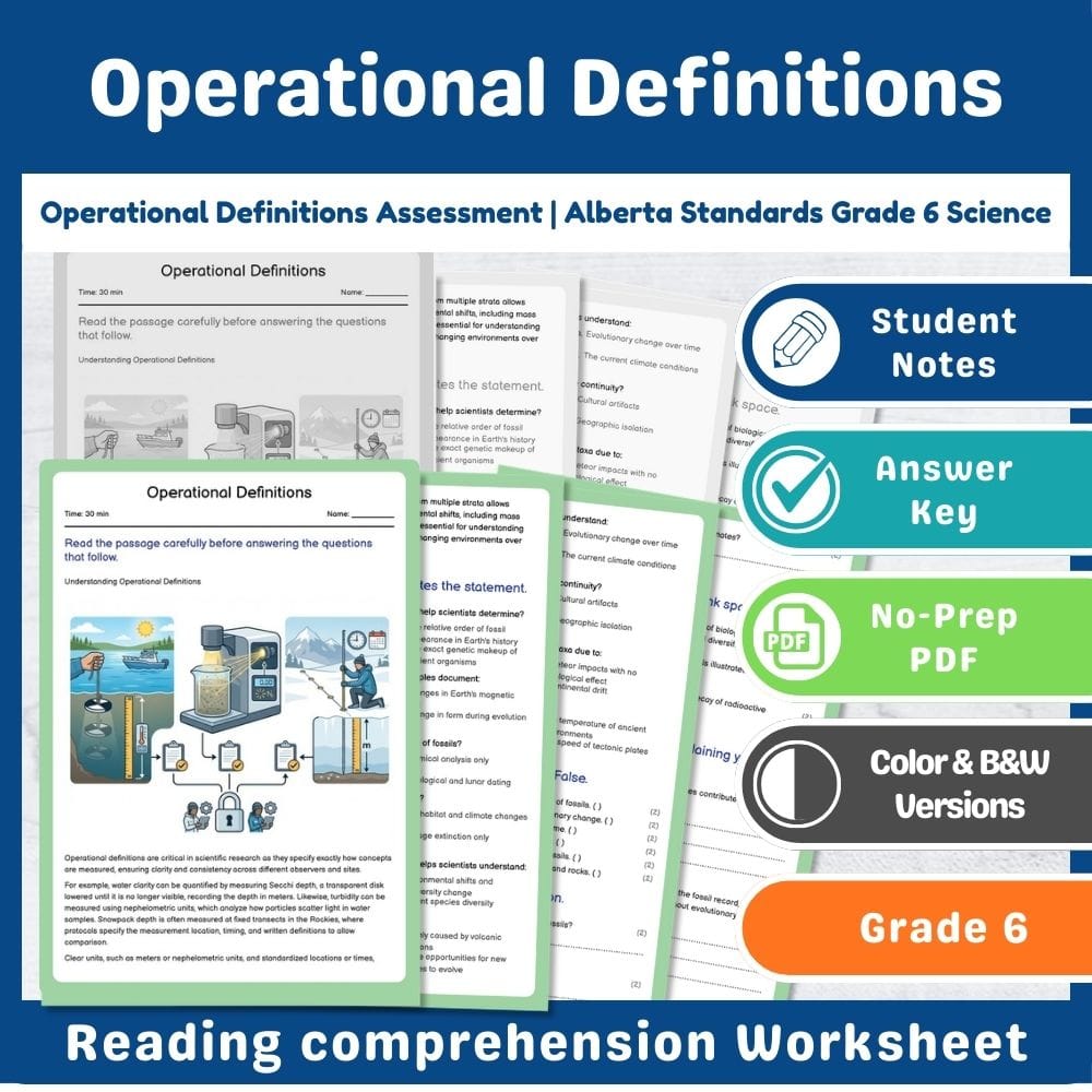 Grade 6 Science assessment worksheet — Operational Definitions Assessment | Alberta Standards Grade 6 Science — page 1
