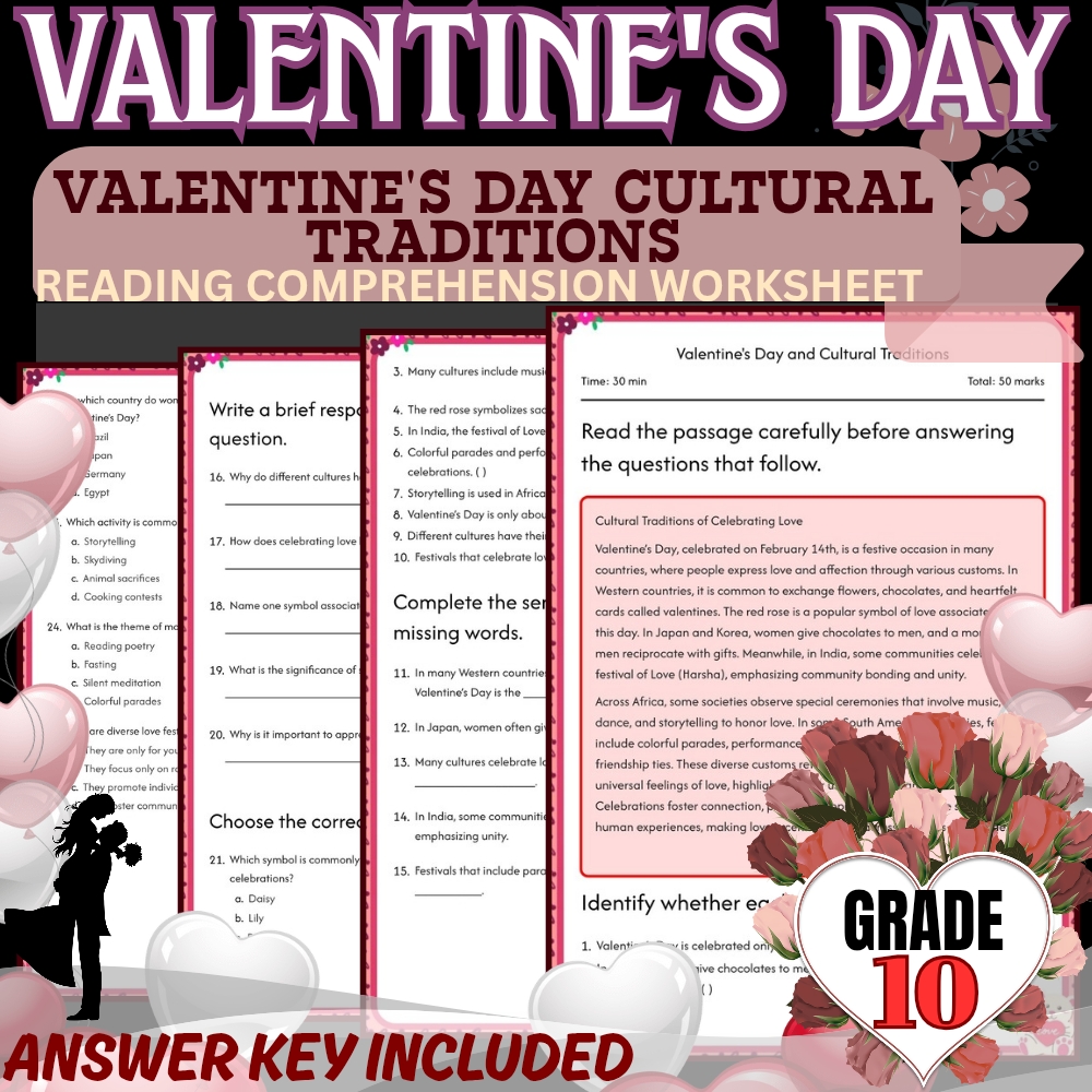 Grade 10 Holiday Unit | Valentine’s Day Worksheets  (Answer Keys Included) — included worksheet 1
