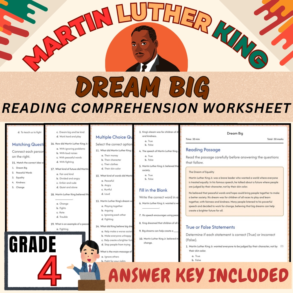 Grade 4 | Martin Luther King Holiday Worksheet for Mastery | PDF + Answer Key