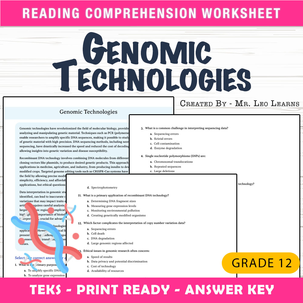 Grade 12 Science worksheet worksheet — Grade 12 Science — Genomic Technologies Worksheet for Mastery — page 1