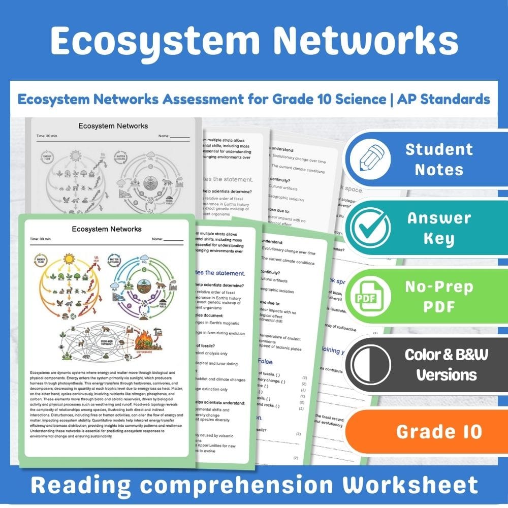 Grade 10 Science assessment worksheet — Ecosystem Networks Assessment for Grade 10 Science | AP Standards — page 1