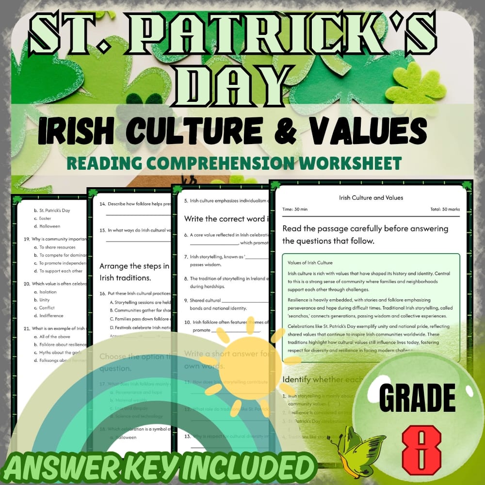 Grade 8 Holiday Worksheets Bundle | St. Patrick's Day Irish Culture & Folklore — included worksheet 2
