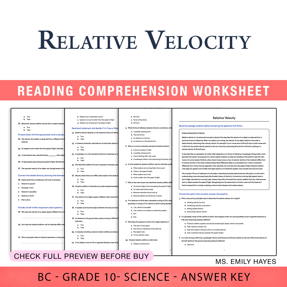 Grade 10 Science worksheet worksheet — Grade 10 Science | Relative Velocity Worksheet (PDF+ Answer Key) — page 1