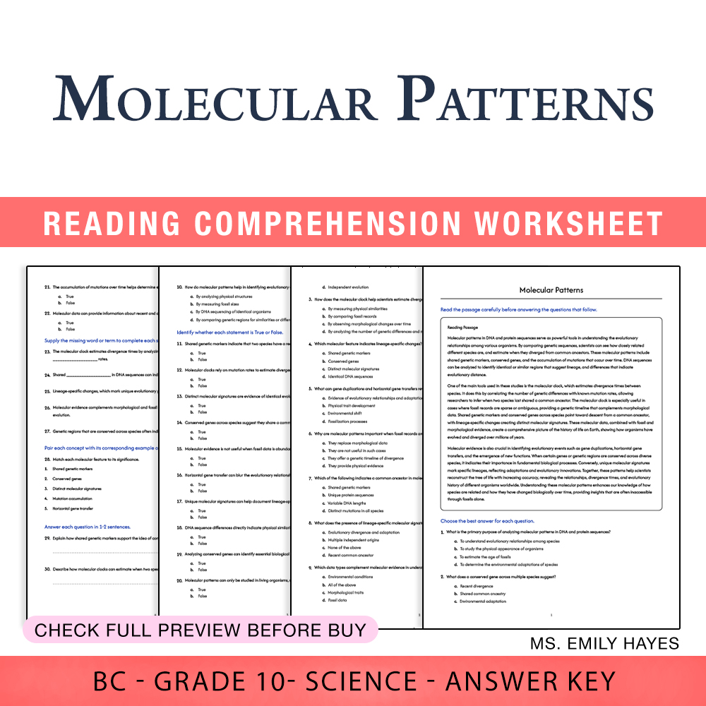 Grade 10 Science worksheet worksheet — Grade 10 Science | Molecular Patterns Worksheet (PDF+ Answer Key) — page 1