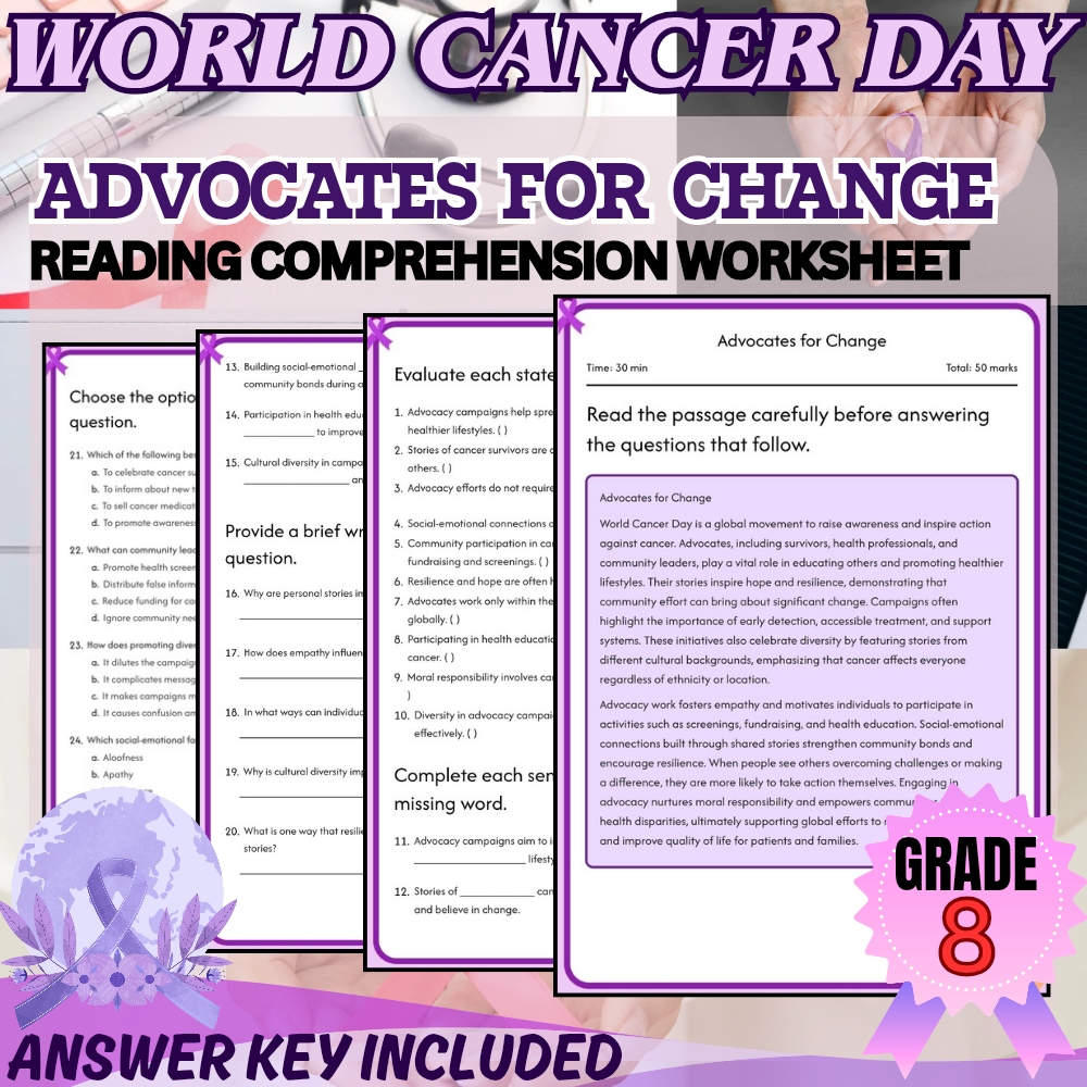 Grade 8 | World Cancer Day Worksheet for Mastering Advocacy | PDF + Answer Key