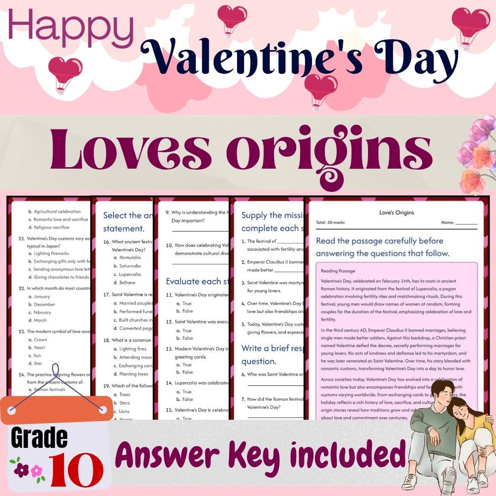 Grade 10 Seasonal Valentine’s Day Unit Bundle | History, Symbols & Cultures — included worksheet 1