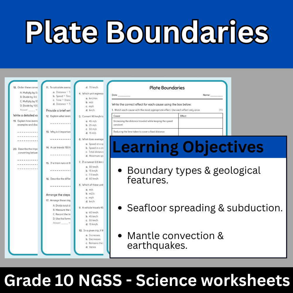 Grade 10 Science | Plate Boundaries Worksheet + Answer Key (NGSS Aligned)