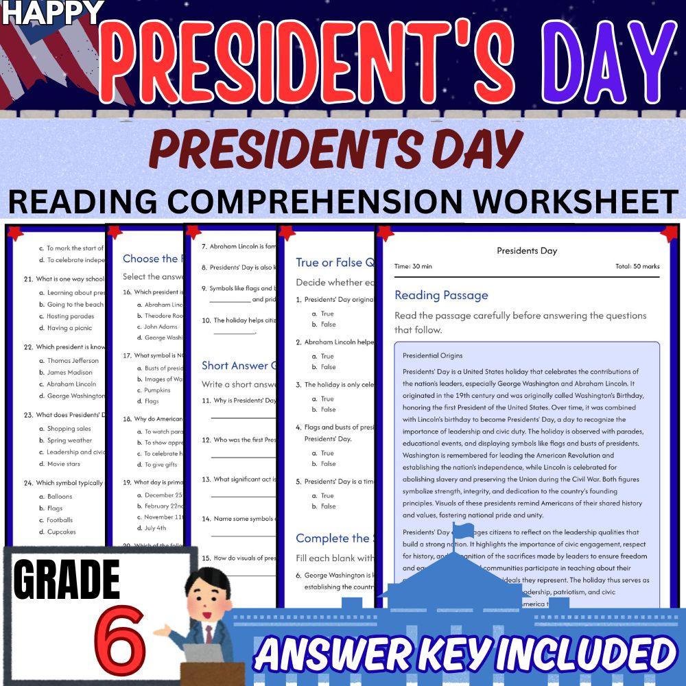 Grade 6 Seasonal Holidays | Presidents Day Worksheet for Mastery|PDF +Answer Key
