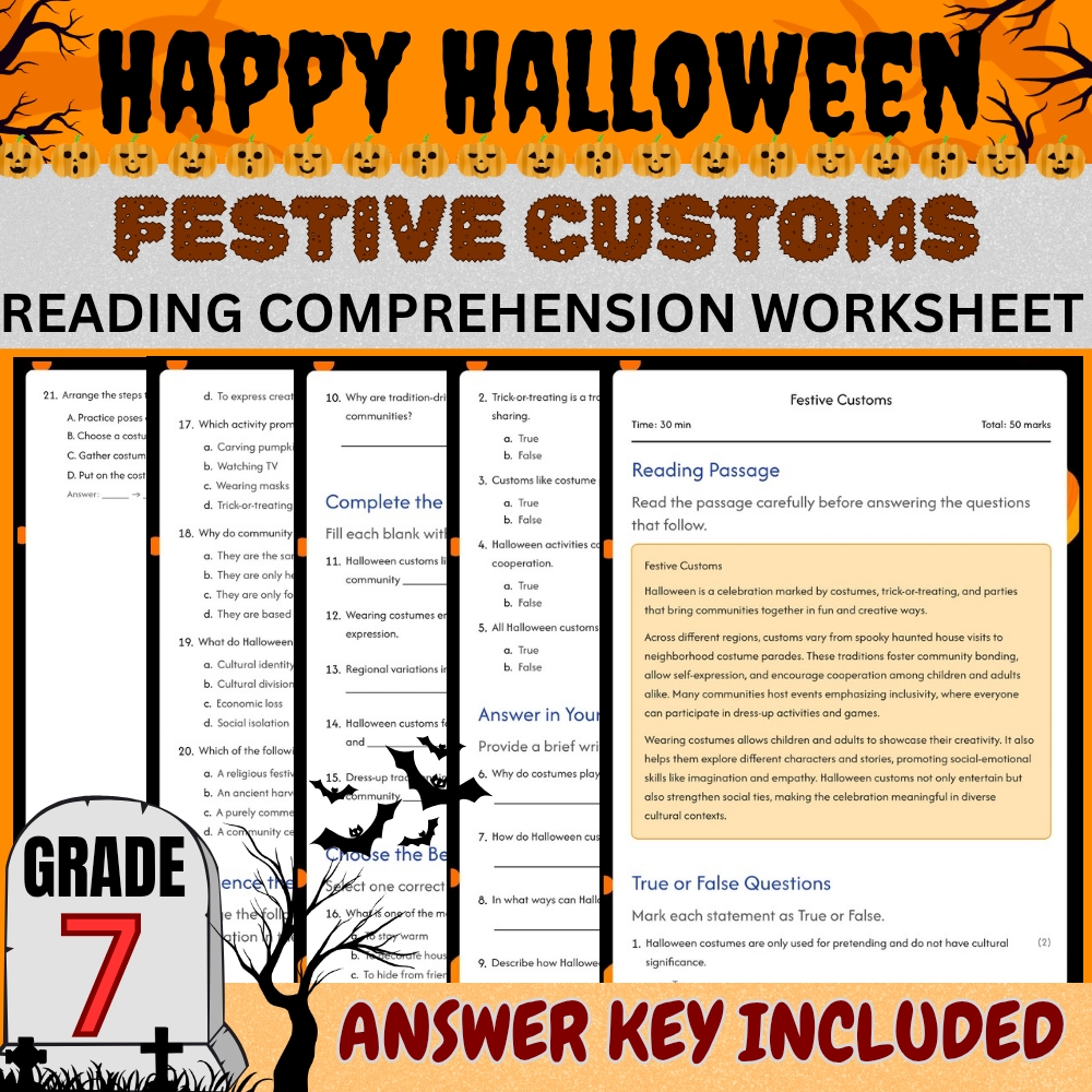 Grade 7 Seasonal Halloween Education Unit | Worksheets & Answer Keys — included worksheet 1