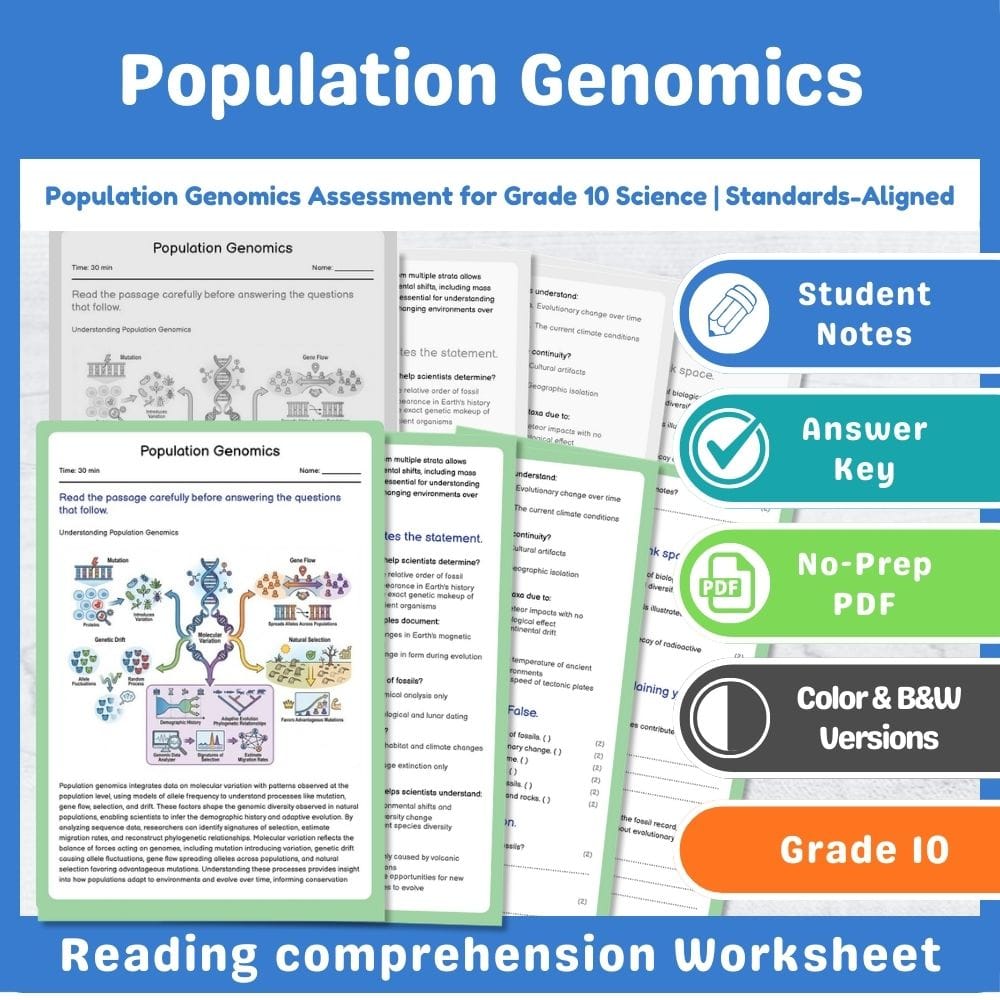 Grade 10 Science assessment worksheet — Population Genomics Assessment for Grade 10 Science | Standards-Aligned — page 1