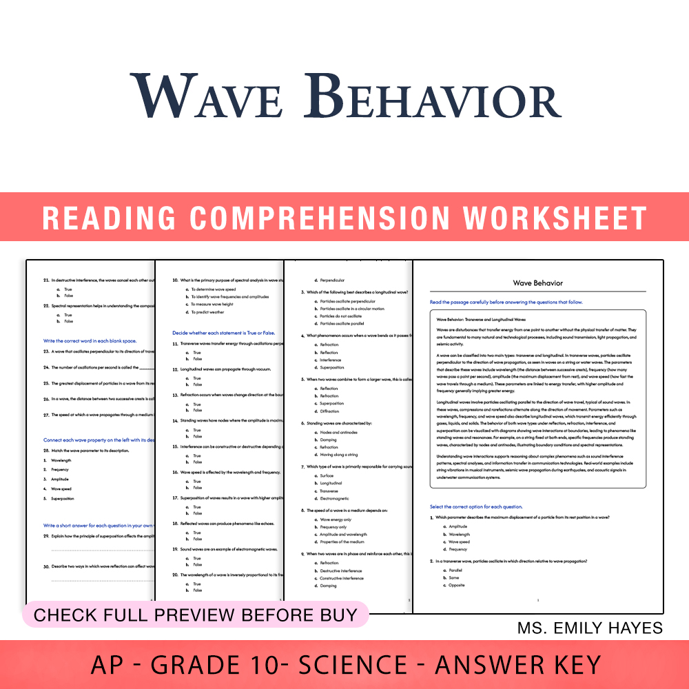 Grade 10 Science worksheet worksheet — 10th Grade Science | Wave Behavior Worksheet (PDF+ Answer Key) — page 1
