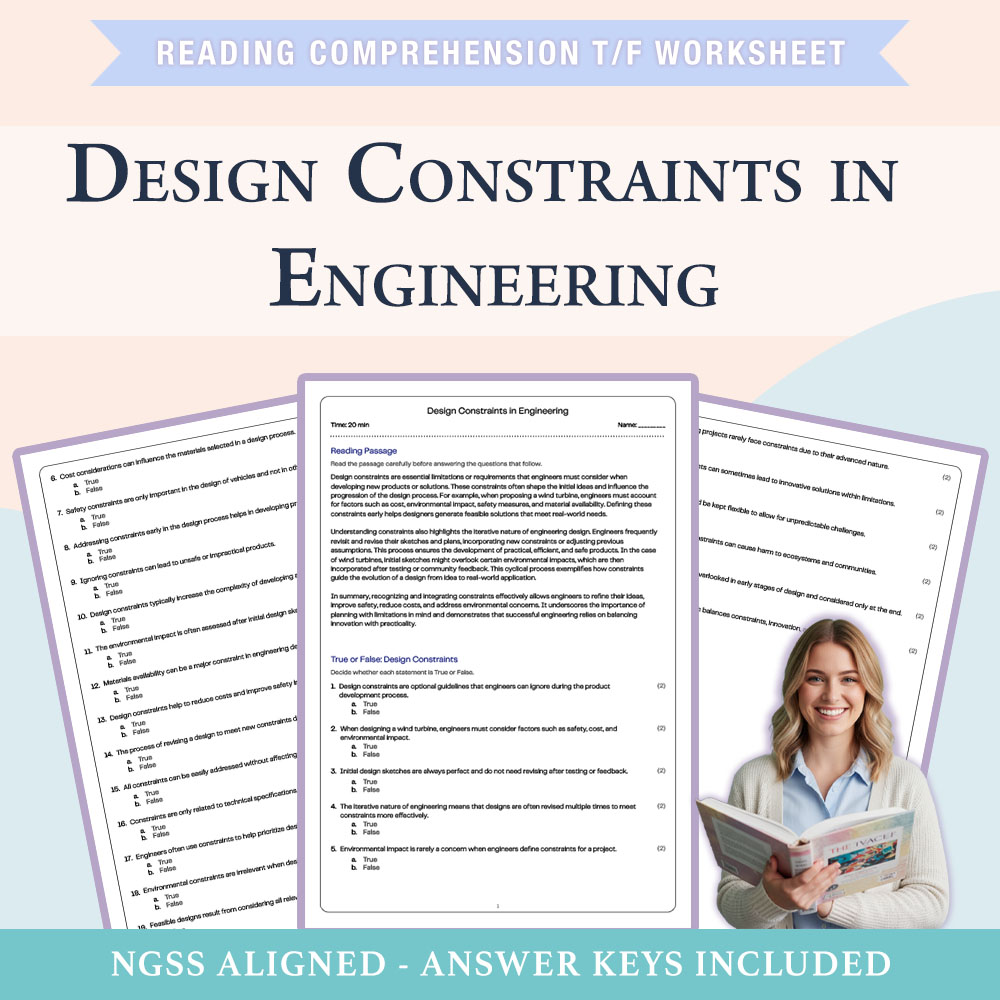 Science reading comprehensions true or false worksheet worksheet — Grade 6 Science | Design Constraints in Engineering Tru…