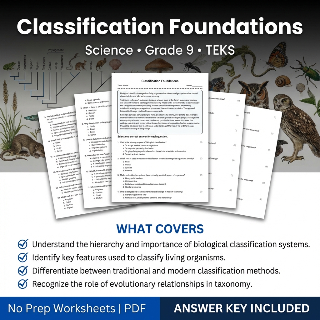 Classification Foundations Worksheet for Grade 9 Science | TEKS Aligned