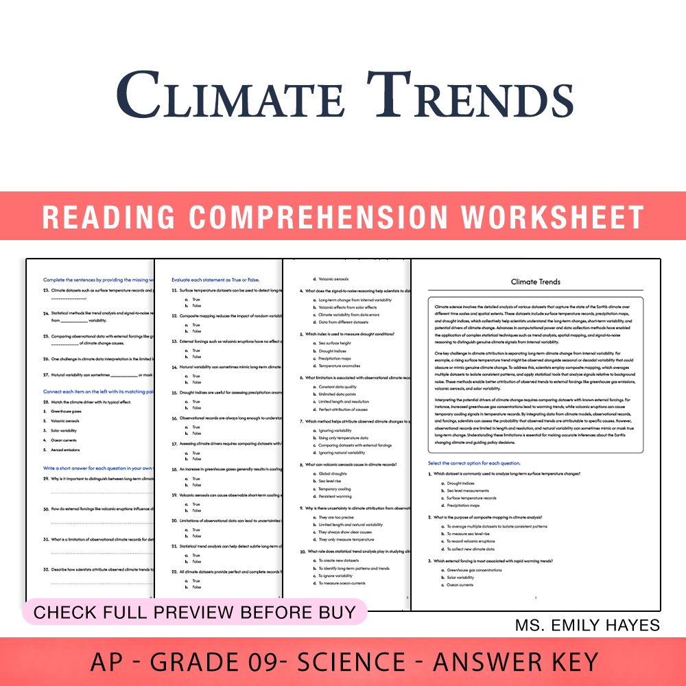 Grade 9 Science worksheet worksheet — 9th Grade Science | Climate Trends Worksheet (PDF+ Answer Key) — page 1