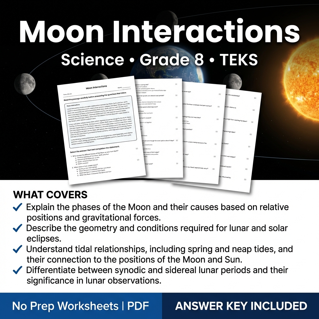 Grade 8 Science Moon Interactions Worksheet | TEKS Aligned Practice