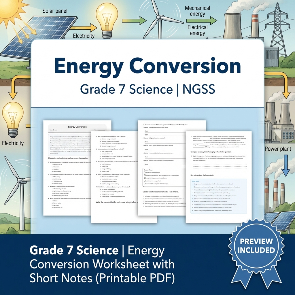 Grade 7 Science Energy  Bundle  Potential, Kinetic & Heat Transfer Worksheets  — included worksheet 3