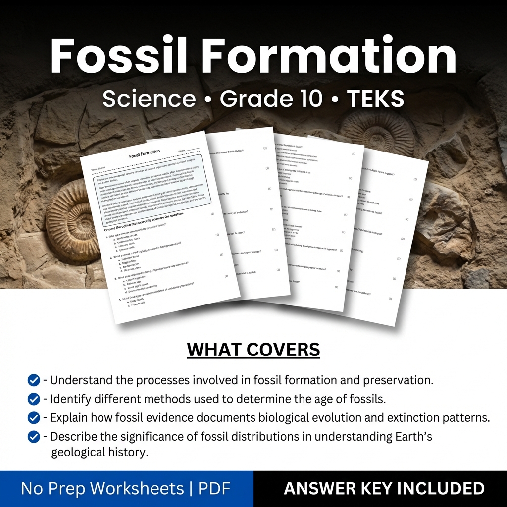 Grade 10 Science Worksheet on Fossil Formation TEKS-Aligned Practice
