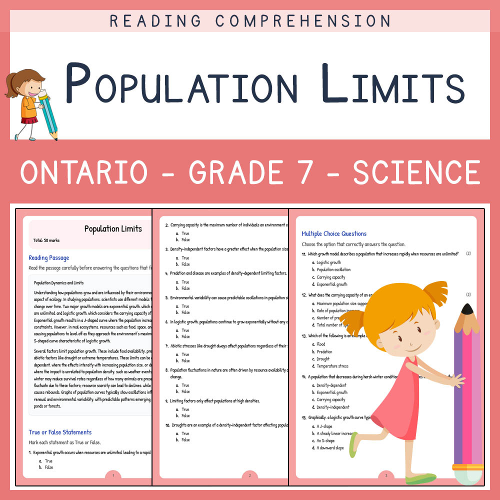 Grade 7 Science worksheet elena worksheet — Grade 7 Science Assessment | Population Limits Worksheet | Ontario — page 1